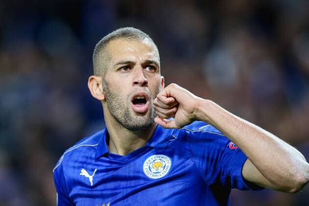 Islam Slimani (Leicester), SEPTEMBER 27, 2016 - Football Soccer : Islam Slimani of Leicester City celebrates as he scores a goal to make it 1-0 during the UEFA Champions League Group Stage match between Leicester City and FC Porto at King Power Stadium in Leicester, England. Noxthirdxpartyxsales  (mdga012008)