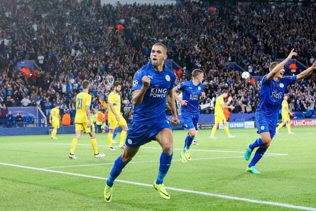 Islam Slimani (Leicester), SEPTEMBER 27, 2016 - Football Soccer : Islam Slimani of Leicester City celebrates as he scores a goal to make it 1-0 during the UEFA Champions League Group Stage match between Leicester City and FC Porto at King Power Stadium in Leicester, England. Noxthirdxpartyxsales  (mdga012024)