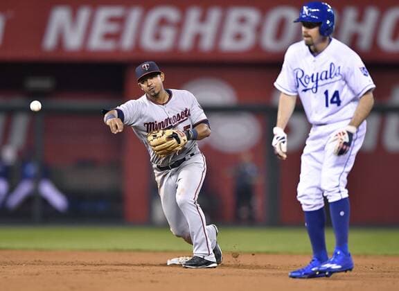 September 27, 2016 - Kansas City, MO, USA - Minnesota Twins shortstop Eduardo Escobar forces out the Kansas City Royals Billy Burns (14) at second before completing the double play on Salvador Perez at first to end the ninth inning on Tuesday, Sept. 27, 2016, Kauffman Stadium in Kansas City, Mo. Minnesota at Kansas City - ZUMAm67_