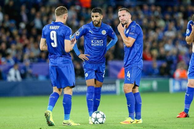 (R-L) Daniel Drinkwater, Riyad Mahrez, Jamie Vardy (Leicester), SEPTEMBER 27, 2016 - Football Soccer : (R-L) Daniel Drinkwater, Riyad Mahrez and Jamie Vardy of Leicester City during the UEFA Champions League Group Stage match between Leicester City and FC Porto at King Power Stadium in Leicester, England. Noxthirdxpartyxsales  (mdga012046)
