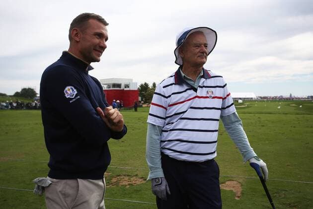 Golf, Prominente beim Ryder Cup 2016 in Chaska in Aktion GOLF - Ryder Cup 2016 CHASKA,MINNESOTA,USA,27.SEP.16 - GOLF - Ryder Cup, Hazeltine National Golf Club. Image shows Andriy Shevchenko and Bill Murray. GEPAxpictures xDanielxGoetzhaber