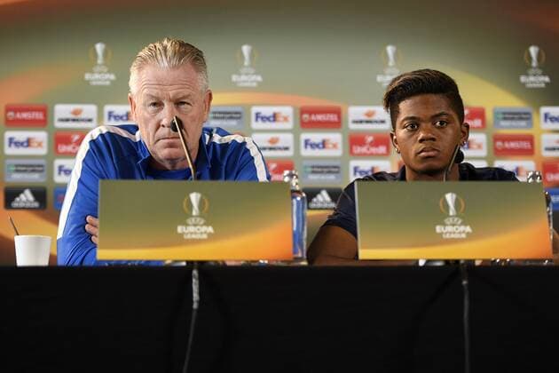 Genk s head coach Peter Maes and Genk s Leon Bailey pictured during a press conference PK Pressekonferenz of Belgian soccer team KRC Genk in Genk, Wednesday 28 September 2016. Tomorrow KRC Genk is playing the second game in the group stage of the Europa League competition against Italian club US Sassuolo Calcio. YORICKxJANSENS  x04942362x