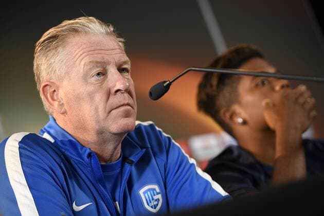 Genk s head coach Peter Maes and Genk s Leon Bailey pictured during a press conference PK Pressekonferenz of Belgian soccer team KRC Genk in Genk, Wednesday 28 September 2016. Tomorrow KRC Genk is playing the second game in the group stage of the Europa League competition against Italian club US Sassuolo Calcio. YORICKxJANSENS  x04942363x