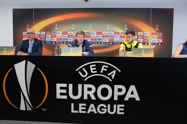 Gent s head coach Hein Vanhaezebrouck and Gent s Rami Gershon pictured during a press conference PK Pressekonferenz of Belgian soccer team KAA Gent, Wednesday 28 September 2016, in Gent. Tomorrow Gent is playing Turkish club Atiker Konyaspor in the second match of the group stage of the Europa League competition. KURTxDESPLENTER  x04942390x
