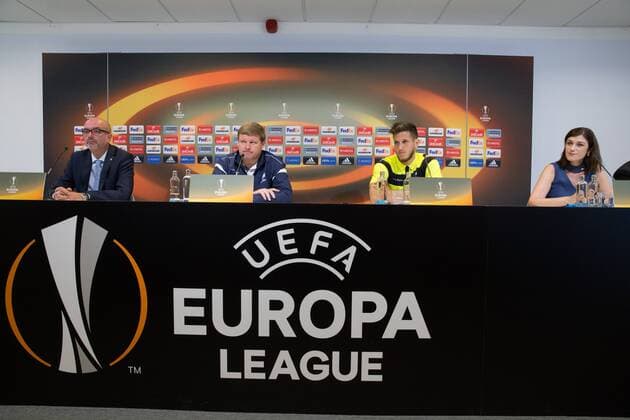 Gent s head coach Hein Vanhaezebrouck and Gent s Rami Gershon pictured during a press conference PK Pressekonferenz of Belgian soccer team KAA Gent, Wednesday 28 September 2016, in Gent. Tomorrow Gent is playing Turkish club Atiker Konyaspor in the second match of the group stage of the Europa League competition. KURTxDESPLENTER  x04942392x