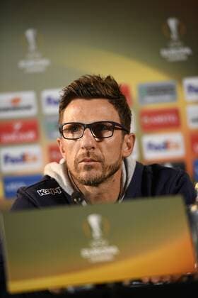 Sassuolo s head coach Italian Eusebio Di Francesco pictured during a press conference PK Pressekonferenz of Italian soccer club US Sassuolo Calcio in Genk, Wednesday 28 September 2016. Tomorrow Sassuolo is playing the second game in the group stage of the Europa League competition against Belgian team KRC Genk. YORICKxJANSENS  x04942836x