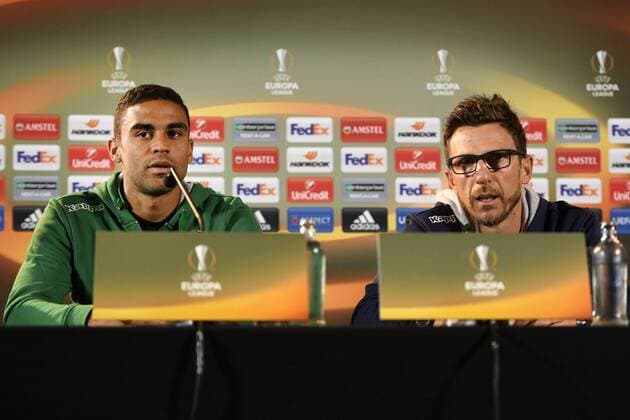 Sassuolo s Gregoire Defrel and Sassuolo s head coach Italian Eusebio Di Francesco pictured during a press conference PK Pressekonferenz of Italian soccer club US Sassuolo Calcio in Genk, Wednesday 28 September 2016. Tomorrow Sassuolo is playing the second game in the group stage of the Europa League competition against Belgian team KRC Genk. YORICKxJANSENS  x04942832x