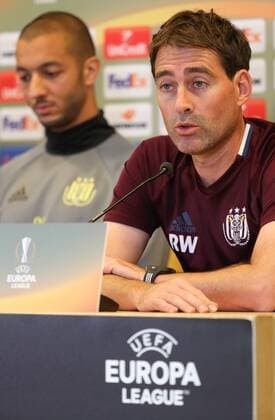 Anderlecht s Sofiane Hanni and Anderlecht s head coach Rene Weiler pictured during a press conference PK Pressekonferenz of Belgian soccer team RSC Anderlecht in Saint-Etienne, France, Wednesday 28 September 2016. Tomorrow Anderlecht is playing the second game in the group stage of the UEFA Europa League competition against French club AS Saint-Etienne. VIRGINIExLEFOUR  x04942916x