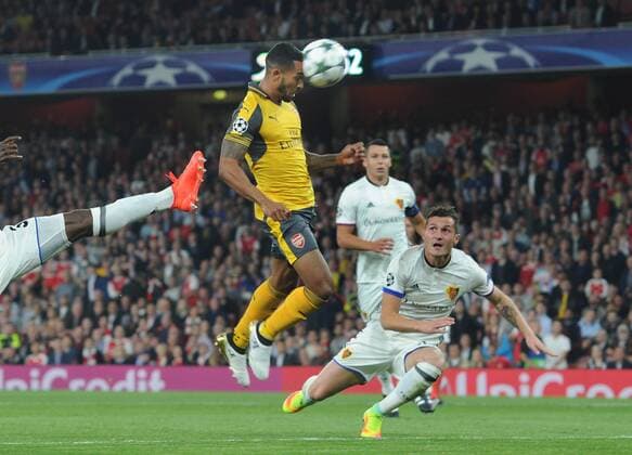 Football - 2016 2017 Champions League - Group A: Arsenal vs Basel Theo Walcott of Arsenal heads his goal early in the first half at the Emirates Stadium 
