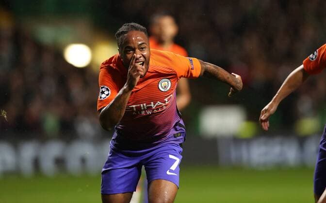 Football - 2016 2017 Champions League - Group C: Celtic vs Manchester City at Celtic Park Raheem Sterling of Manchester City celebrates scoring. COLORSPORT LYNNE CAMERON 