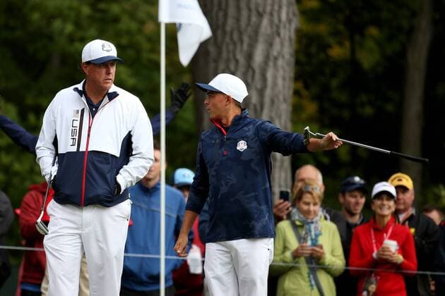 GOLF - Ryder Cup 2016 CHASKA,MINNESOTA,USA,28.SEP.16 - GOLF - Ryder Cup, Hazeltine National Golf Club. Image shows Phil Mickelson and Rickie Fowler (USA). GEPAxpictures xDanielxGoetzhaber