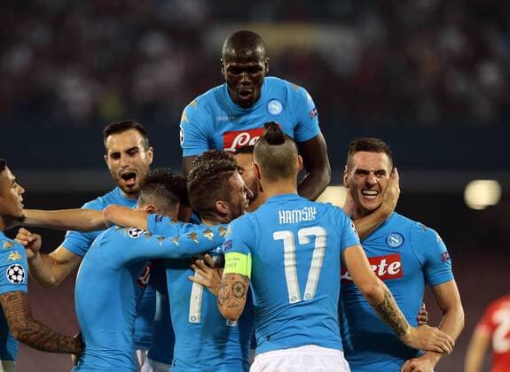 goal celebration Kalidou Koulibaly Napoli, Marek Hamsik Napoli, Nikola Maksimovic Napoli, Dries Mertens Napoli, Football Calcio UEFA Champions League 2016 2017 Group B. Napoli - Benfica Foto CesarexPurini Insidefoto cesarexpurini
