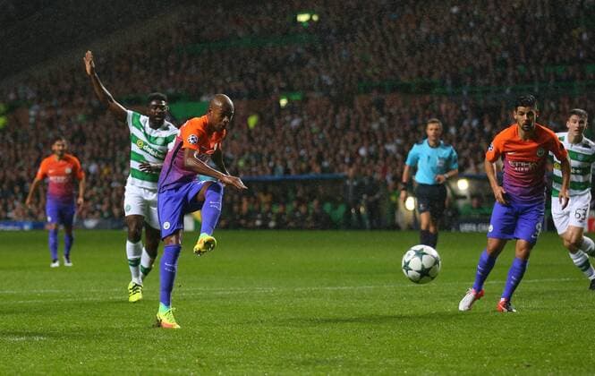 Fernandinho of Manchester City scores the equalising goal during the Champions League Group C match at the Celtic Park Stadium, Glasgow. Picture date: September 28th, 2016. Pic Simon Bellis Sportimage EDITORIAL USE ONLY. No use with unauthorised audio, video, data, fixture lists, club league logos or live services. Online in-match use limited to 120 images, no video emulation. No use in betting, games or single club league player publications.