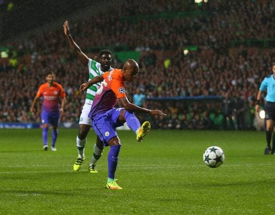 Fernandinho of Manchester City scores the equalising goal during the Champions League Group C match at the Celtic Park Stadium, Glasgow. Picture date: September 28th, 2016. Pic Simon Bellis Sportimage EDITORIAL USE ONLY. No use with unauthorised audio, video, data, fixture lists, club league logos or live services. Online in-match use limited to 120 images, no video emulation. No use in betting, games or single club league player publications.