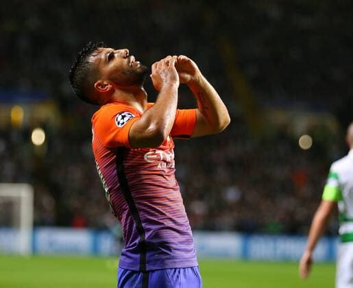 Sergio Aguero of Manchester City reacts during the Champions League Group C match at the Celtic Park Stadium, Glasgow. Picture date: September 28th, 2016. Pic Simon Bellis Sportimage EDITORIAL USE ONLY. No use with unauthorised audio, video, data, fixture lists, club league logos or live services. Online in-match use limited to 120 images, no video emulation. No use in betting, games or single club league player publications.