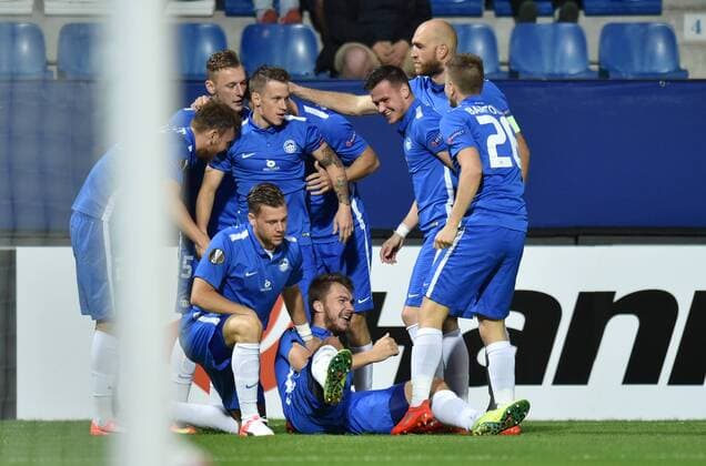 Players of Slovan Liberec celebrate a goal during the European Football League second round, group J match FC Slovan Liberec vs PAOK FC Thessaloniki in Liberec, Czech Republic, September 29, 2016. (CTKxPhoto Radekxpetrasek) CTKPhotoP201609290939301  PER_3836
