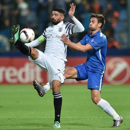 From right: David Hovorka of Liberec and Stefanos Athanasiadis of PAOK in action during the European Football League second round, group J match FC Slovan Liberec vs PAOK FC Thessaloniki in Liberec, Czech Republic, September 29, 2016. (CTKxPhoto RadekxPetrasek) CTKPhotoP201609290971901  PER 1