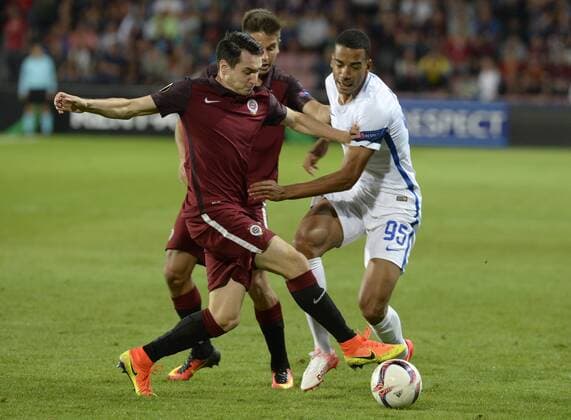 From left: Vjaceslav Karavajev of Sparta and Senna Miangue of Milan in action during the European Football League second round group K match, Sparta Praha vs Inter Milan in Prague, Czech Republic, September 29, 2016. (CTKxPhoto MichalxKrumphanzl) CTKPhotoP201609290944601  _KRU9300