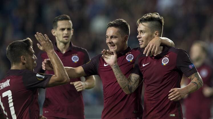Vaclav Kadlec of Sparta (right) celebrates a goal during the European Football League second round group K match, Sparta Praha vs Inter Milan in Prague, Czech Republic, September 29, 2016. (CTKxPhoto MichalxKamaryt) CTKPhotoP201609290966801  kmt 6
