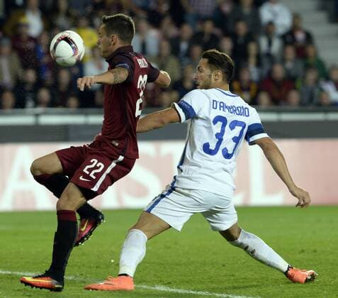From left: Daniel Holzer of Sparta and Danilo D Ambrosio of Milan in action during the European Football League second round group K match, Sparta Praha vs Inter Milan in Prague, Czech Republic, September 29, 2016. (CTKxPhoto MichalxKrumphanzl) CTKPhotoP201609291027501  kru 2