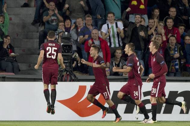 Mario Holek (left) of Sparta celebrates a goal and from right: Lukas Julis, Matej Pulkrab and Ales Cermak of Sparta during the European Football League second round group K match, Sparta Praha vs Inter Milan in Prague, Czech Republic, September 29, 2016. (CTKxPhoto MichalxKamaryt) CTKPhotoP201609291046901  kmt 17