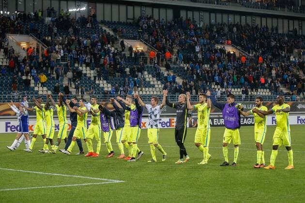 Gent s players celebrate after winning a game on the second day of the group stage (group H) of the Europa League competition between Belgian club KAA Gent and Turkish club Atiker Konyaspor, Thursday 29 September 2016, in Gent. BRUNOxFAHY  x04943818x