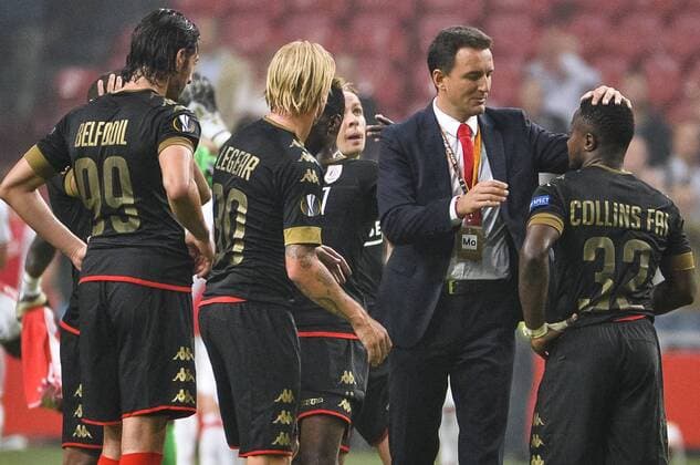 Standard s Ishak Belfodil, Standard s Jonathan Legear, Standard s head coach Aleksandar Jankovic and Standard s Collins Fai pictured during a game of the second day of the group stage of the Europa League competition between Dutch soccer team Ajax Amsterdam and Belgian club Standard de Liege, in Amsterdam, The Netherlands, Thursday 29 September 2016. NICOLASxLAMBERT  x04943836x