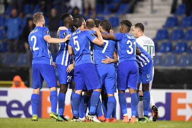 Genk s players celebrate during a game on the second day of the group stage (group F) of the Europa League competition between Belgian soccer team KRC Genk and Italian club US Sassuolo Calcio in Genk, Thursday 29 September 2016. YORICKxJANSENS  x04943987x