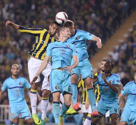 UEFA Europa League Group A day 2 match between Fenerbahce and Feyenoord at Ulker Stadium in Istanbul , Turkey , September 29 , 2016. Pictured: Josef de Souza of Fenerbahce and Jan-Arie van der Heijden 6 , Eric Botteghin of Feyenoord. 