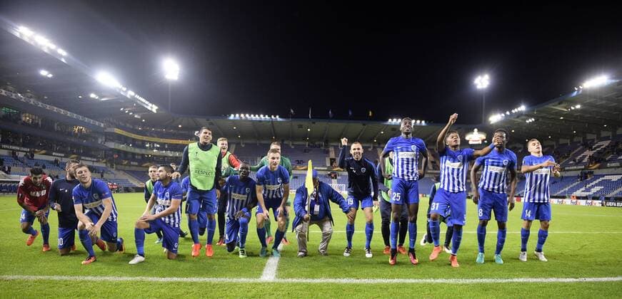 Genk s players celebrate after winning a game on the second day of the group stage (group F) of the Europa League competition between Belgian soccer team KRC Genk and Italian club US Sassuolo Calcio in Genk, Thursday 29 September 2016. YORICKxJANSENS  x04944057x