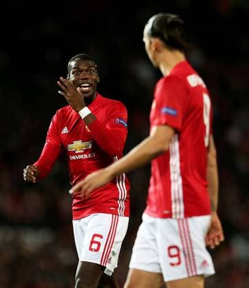Paul Pogba of Manchester United ManU houts instructions to Zlatan Ibrahimovic during the UEFA Europa League match at Old Trafford Stadium, Manchester. Picture date: September 29th, 2016. Pic Matt McNulty Sportimage EDITORIAL USE ONLY. No use with unauthorised audio, video, data, fixture lists, club league logos or live services. Online in-match use limited to 120 images, no video emulation. No use in betting, games or single club league player publications.