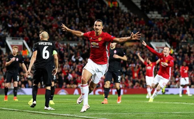 Zlatan Ibrahimovic of Manchester United ManU celebrates after scoring his sides first goal during the UEFA Europa League match at Old Trafford Stadium, Manchester. Picture date: September 29th, 2016. Pic Matt McNulty Sportimage EDITORIAL USE ONLY. No use with unauthorised audio, video, data, fixture lists, club league logos or live services. Online in-match use limited to 120 images, no video emulation. No use in betting, games or single club league player publications.