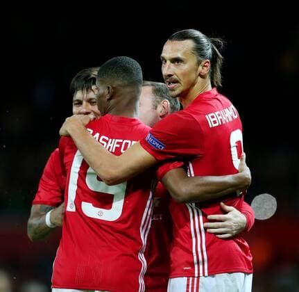 Zlatan Ibrahimovic of Manchester United ManU celebrates after scoring his sides first goal during the UEFA Europa League match at Old Trafford Stadium, Manchester. Picture date: September 29th, 2016. Pic Matt McNulty Sportimage EDITORIAL USE ONLY. No use with unauthorised audio, video, data, fixture lists, club league logos or live services. Online in-match use limited to 120 images, no video emulation. No use in betting, games or single club league player publications.