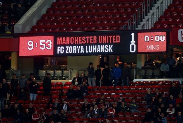 The scoreboard reads Manchester United ManU 1-0 FC Zorya Luhansk at full time during the UEFA Europa League match at Old Trafford Stadium, Manchester. Picture date: September 29th, 2016. Pic Matt McNulty Sportimage EDITORIAL USE ONLY. No use with unauthorised audio, video, data, fixture lists, club league logos or live services. Online in-match use limited to 120 images, no video emulation. No use in betting, games or single club league player publications.