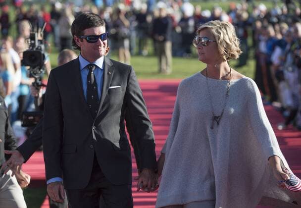 USA Team vice-captain Bubba Watson and his wife Angie walk together as they leave the opening ceremony of the 2016 Ryder Cup at Hazeltine National Golf Club in Chaska, Minnesota on September 29, 2016.  MIN20160929320 KEVINxDIETSCH