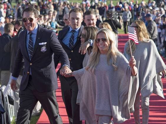 USA Team member Phil Mickelson and his wife Amy walk together as they leave the opening ceremony of the 2016 Ryder Cup at Hazeltine National Golf Club in Chaska, Minnesota on September 29, 2016.  MIN20160929323 KEVINxDIETSCH