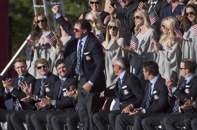 USA team member Phil Mickelson is introduced during the opening ceremony of the 2016 Ryder Cup at Hazeltine National Golf Club in Chaska, Minnesota on September 29, 2016.  MIN20160929333 KEVINxDIETSCH