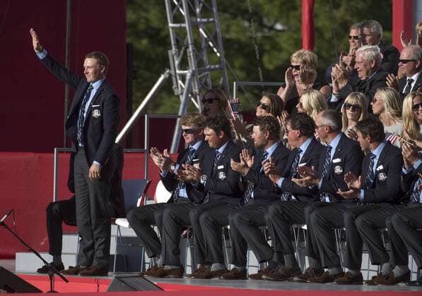 USA team member Jordan Spieth is introduced during the opening ceremony of the 2016 Ryder Cup at Hazeltine National Golf Club in Chaska, Minnesota on September 29, 2016.  MIN20160929334 KEVINxDIETSCH