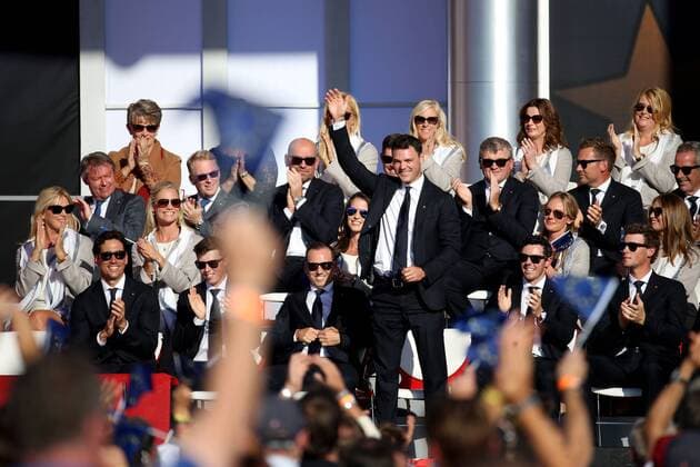 Bilder des Tages - SPORT GOLF - Ryder Cup 2016 CHASKA,MINNESOTA,USA,29.SEP.16 - GOLF - Ryder Cup, Hazeltine National Golf Club, opening ceremony. Image shows Rafa Cabrera Bello (ESP), Matthew Fitzpatrick (ENG), Sergio Garcia (ESP), Martin Kaymer (GER), Rory Mcilroy (IRL) and Thomas Pieters (BEL). GEPAxpictures xDanielxGoetzhaber
