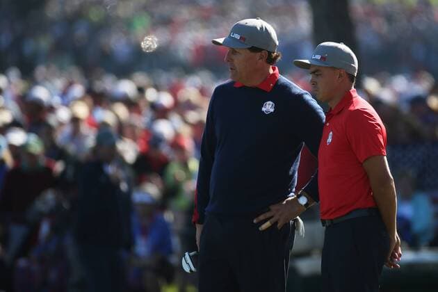 GOLF - Ryder Cup 2016 CHASKA,MINNESOTA,USA,30.SEP.16 - GOLF - Ryder Cup, Hazeltine National Golf Club. Image shows Phil Mickelson and Rickie Fowler (USA). GEPAxpictures xDanielxGoetzhaber