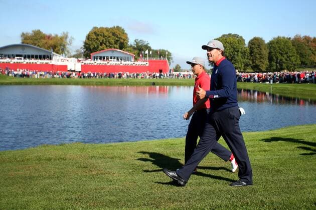 GOLF - Ryder Cup 2016 CHASKA,MINNESOTA,USA,30.SEP.16 - GOLF - Ryder Cup, Hazeltine National Golf Club. Image shows Phil Mickelson and Rickie Fowler (USA). GEPAxpictures xDanielxGoetzhaber