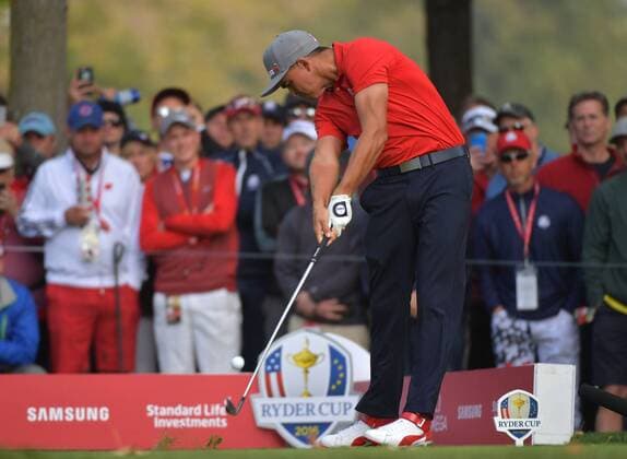 USA team member Rickie Fowler hits off of the 13th tee box during day 1 of the 2016 Ryder Cup at Hazeltine National Golf Club in Chaska, Minnesota on September 30, 2016.  MIN20160930323 KEVINxDIETSCH