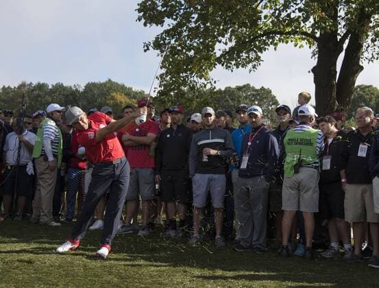 USA team member Rickie Fowler hits from the rough on the 12th hole during day 1 of the 2016 Ryder Cup at Hazeltine National Golf Club in Chaska, Minnesota on September 30, 2016.  MIN20160930327 KEVINxDIETSCH