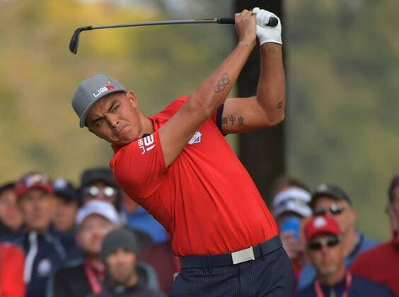 USA team member Rickie Fowler hits off of the 13th tee box during day 1 of the 2016 Ryder Cup at Hazeltine National Golf Club in Chaska, Minnesota on September 30, 2016.  MIN20160930322 KEVINxDIETSCH