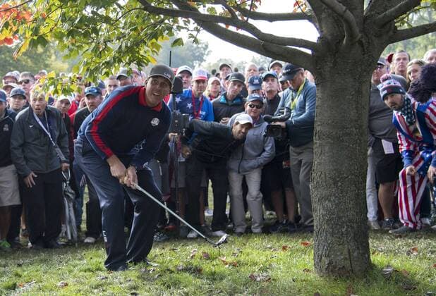 USA team member Phil Mickelson hits from the deep rough on the 10th fairway on day 1 of the 2016 Ryder Cup at Hazeltine National Golf Club in Chaska, Minnesota on September 30, 2016.  MIN20160930335 KEVINxDIETSCH