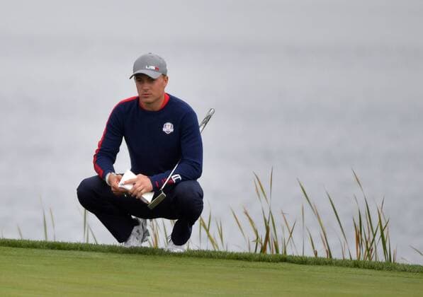 USA team member Jordan Spieth lines up a putt on the 7th green on day 1 of the 2016 Ryder Cup at Hazeltine National Golf Club in Chaska, Minnesota on September 30, 2016.  MIN20160930340 KEVINxDIETSCH