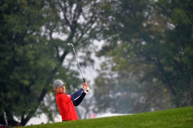 USA team member Jordan Spieth hits on the 10th fairway during day 1 of the 2016 Ryder Cup at Hazeltine National Golf Club in Chaska, Minnesota on September 30, 2016.  MIN20160930343 KEVINxDIETSCH