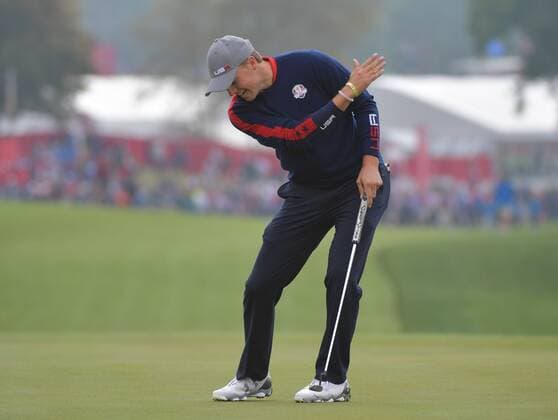 USA team member Jordan Spieth reacts after putting on the 9th green during day 1 of the 2016 Ryder Cup at Hazeltine National Golf Club in Chaska, Minnesota on September 30, 2016.  MIN20160930347 KEVINxDIETSCH