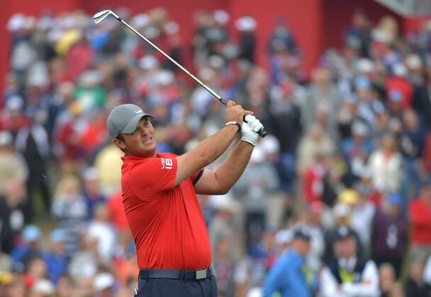 USA team member Patrick Reed hits on the 10th fairway on day 1 of the 2016 Ryder Cup at Hazeltine National Golf Club in Chaska, Minnesota on September 30, 2016.  MIN20160930345 KEVINxDIETSCH