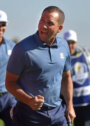 European team member Sergio Garcia celebrates after chipping in on the 9th fairway during day 1 of the 2016 Ryder Cup at Hazeltine National Golf Club in Chaska, Minnesota on September 30, 2016.  MIN20160930355 KEVINxDIETSCH
